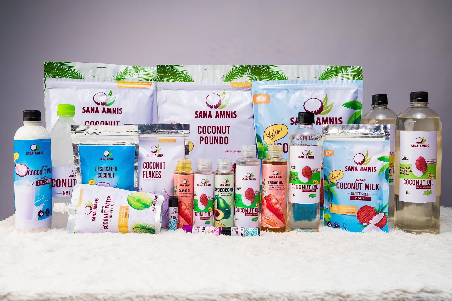 The full Sana Amnis range: coconut water, milk, oils, flour, flakes and lip balms
